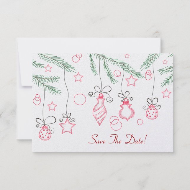 Red and Green Festive Ornaments Save The Date (Front)