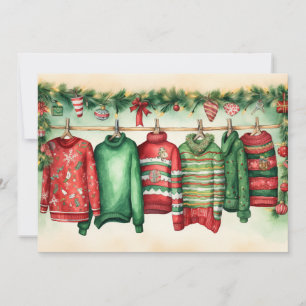 Red and Green Festive Sweaters on Clothesline Holiday Card