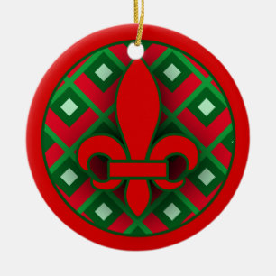 Red and Green Fleur de Lis Christmas Ornament