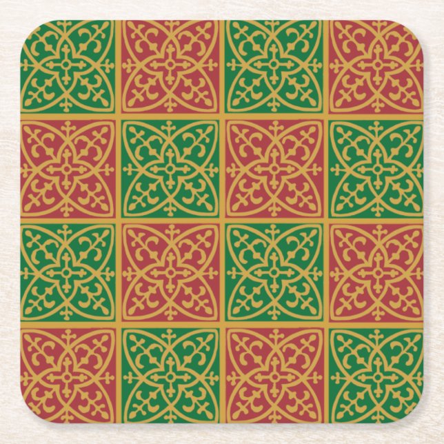 Red and Green Fleur-de-lis Pattern Square Paper Coaster (Front)