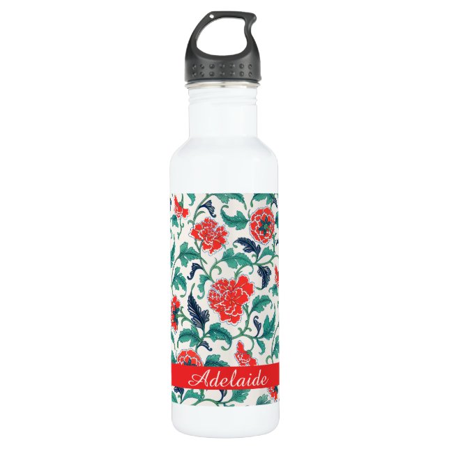 Red and Green Floral Pattern Monogram Name 710 Ml Water Bottle (Front)