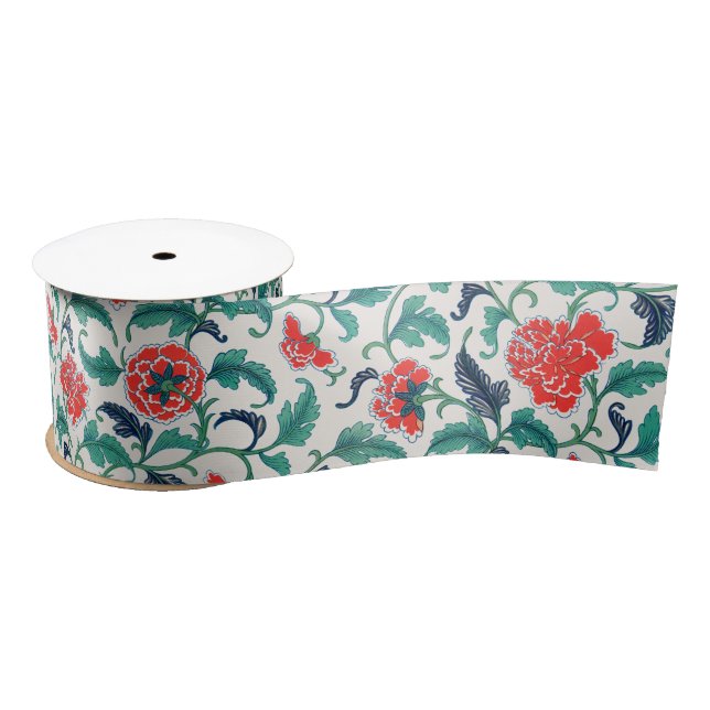 Red and Green Floral Pattern Satin Ribbon (Spool)