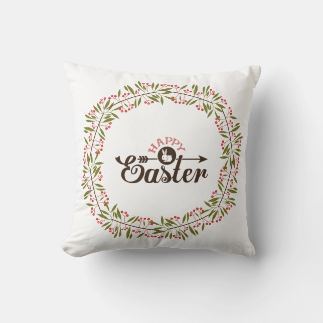 Red And Green Floral Wreath With Bunny Throw Pillow (Front)