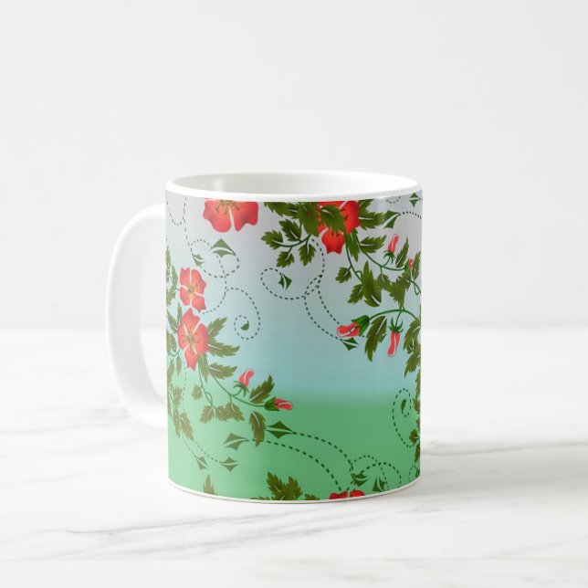 Red and Green Flower Pattern Coffee Mug (Front Left)