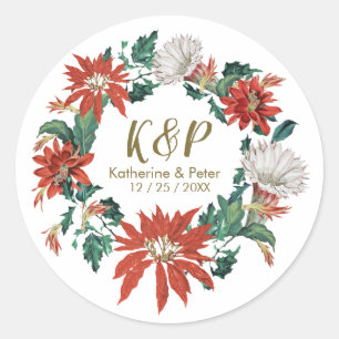 Red and Green Flower Wreath Classic Round Sticker