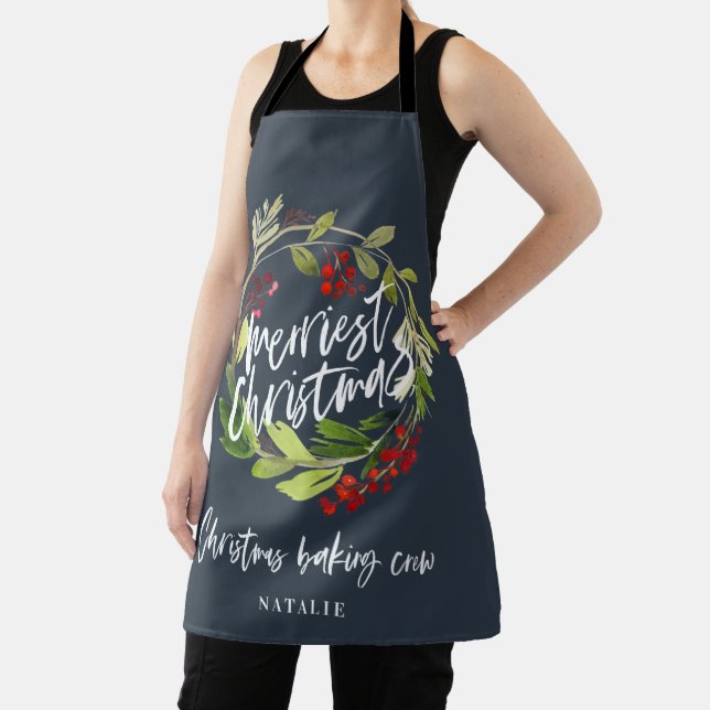 Red and green foliage wreath Christmas holiday Apron (Insitu)