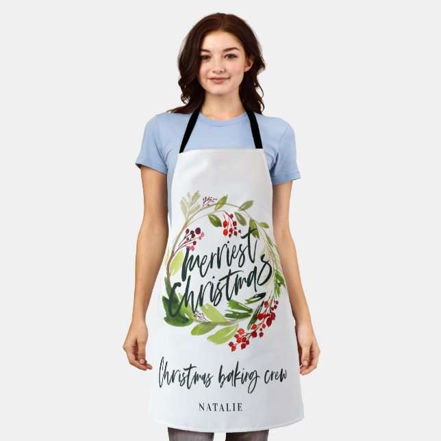 Red and green foliage wreath Christmas holiday Apron (Worn)