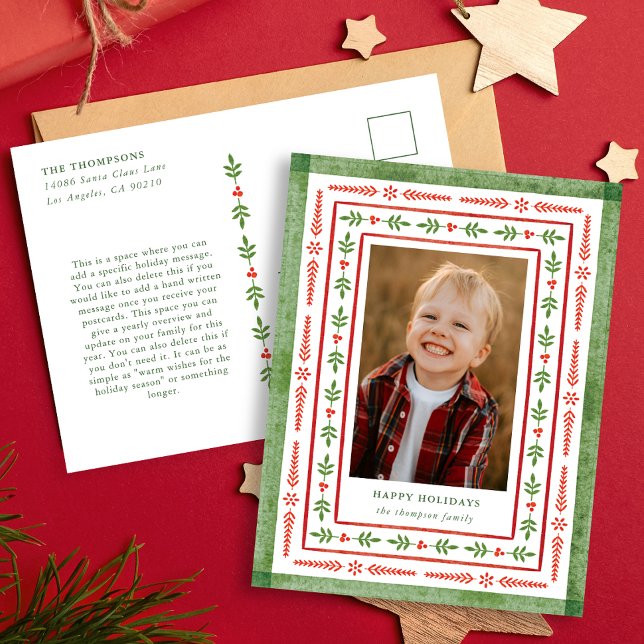 Red and Green Folk Watercolor Holiday Postcard (Creator Uploaded)