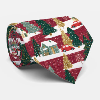 Red and Green Forest Christmas Village Tie