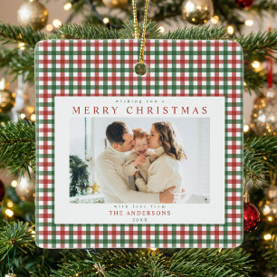Red and Green Gingham Christmas Custom Photo Ceramic Ornament