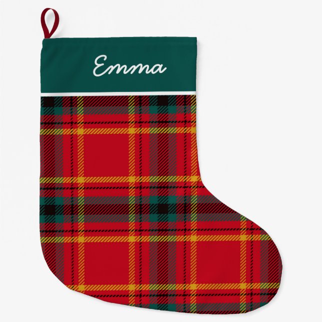 Red and Green Gingham Name Monogram Large Christmas Stocking (Front)