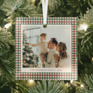 Red and Green Gingham Photo Glass Ornament
