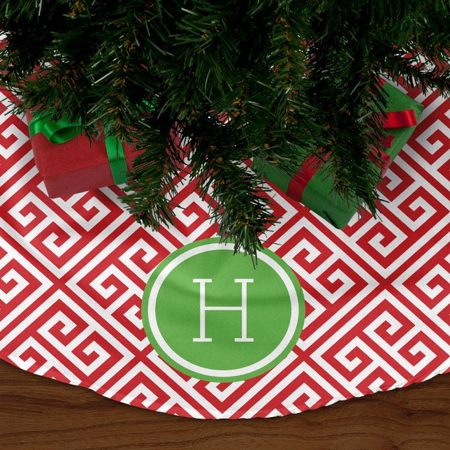 Red and Green Greek Key Monogram Brushed Polyester Tree Skirt (Creator Uploaded)