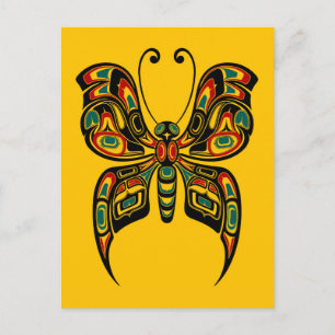 Red and Green Haida Spirit Butterfly on Yellow Postcard