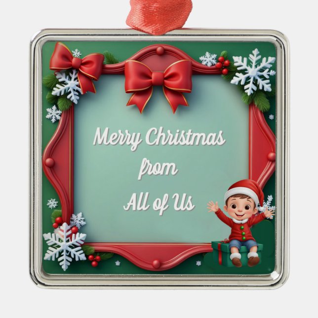 Red and Green Happy Holiday Frame with Bows Metal Ornament (Front)