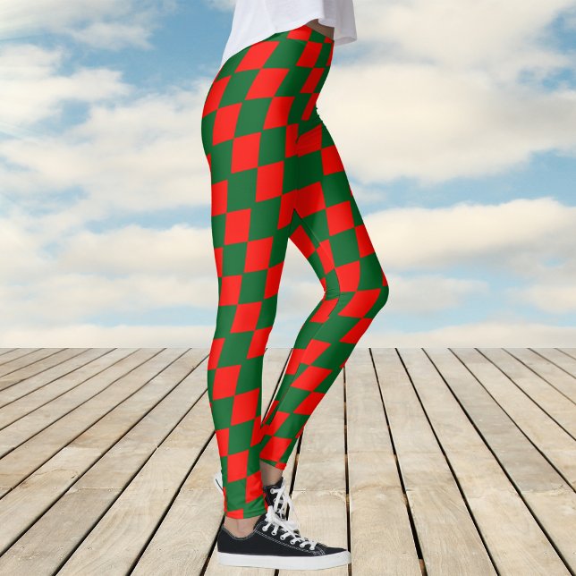 Red and Green Harlequin Check Pattern Leggings (Red and Green Harlequin Check Pattern Leggings)