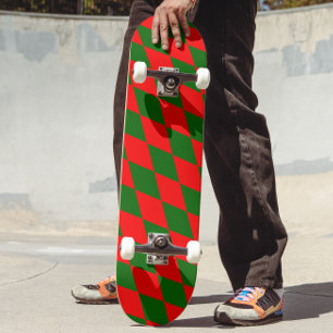 Red and Green Harlequin Checkered Design Skateboard