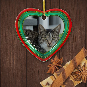 Red And Green Heart Personalized With Photo Ceramic Ornament
