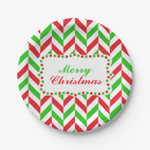 Red and Green Herringbone Pattern Christmas Paper Plate