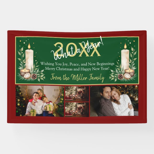 Red and Green Holiday Greeting with Custom Family  Banner (Horizontal)