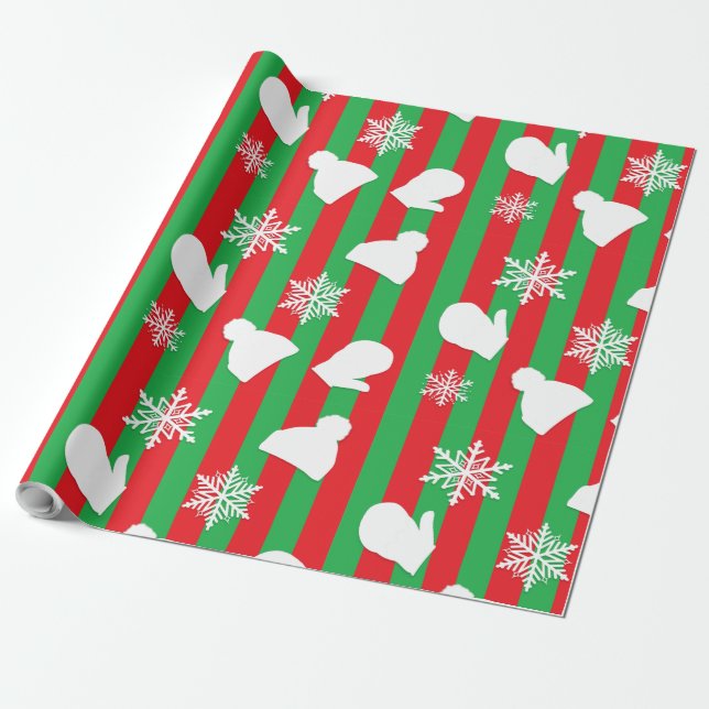 Red and Green Holiday Mittens and Christmas Hats Wrapping Paper (Unrolled)