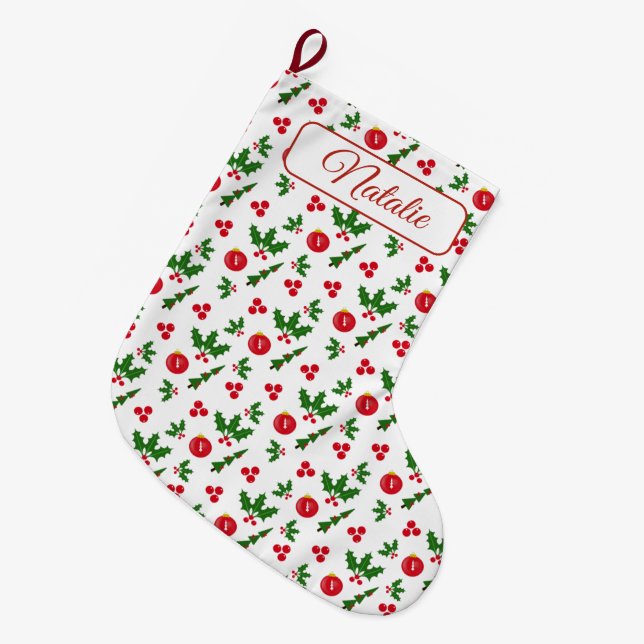 Red and Green Holiday Motifs on White Personalized Large Christmas Stocking (Front (Hanging))