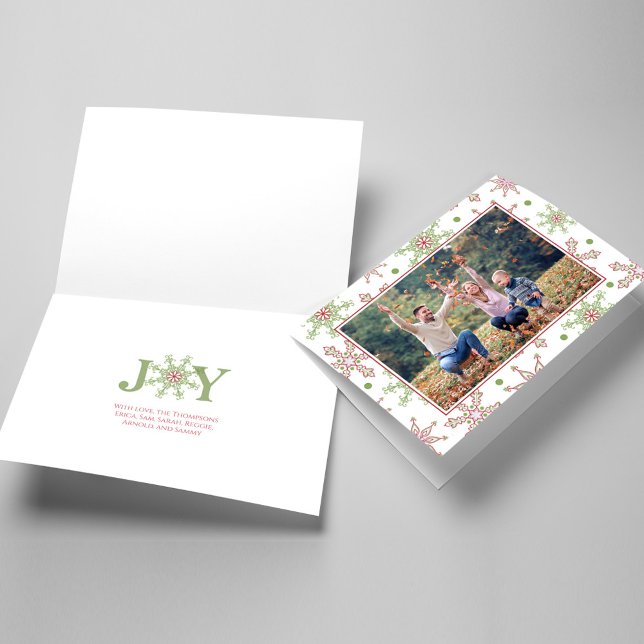 Red and Green Holiday One Photo Typography  (Christmas photo card with a whimsical colorful snowflake design. Joy Typography.)