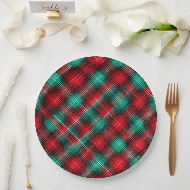 Red and green holiday plaid paper plate (Wedding)