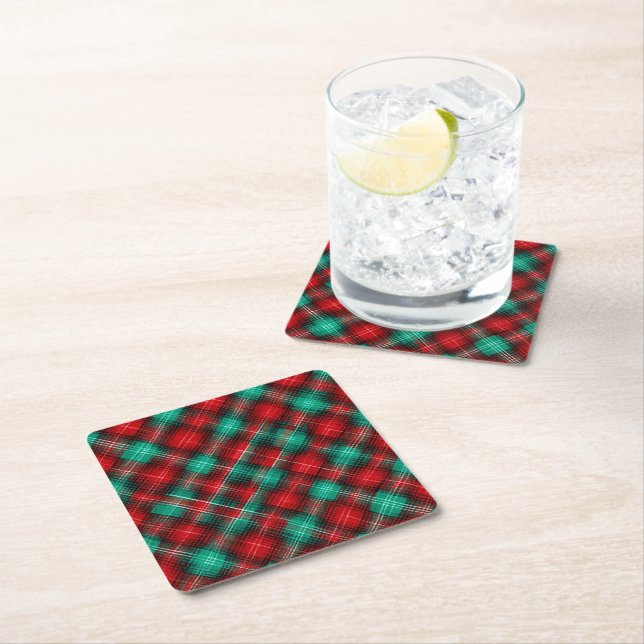 Red and green holiday plaid square paper coaster (Insitu)