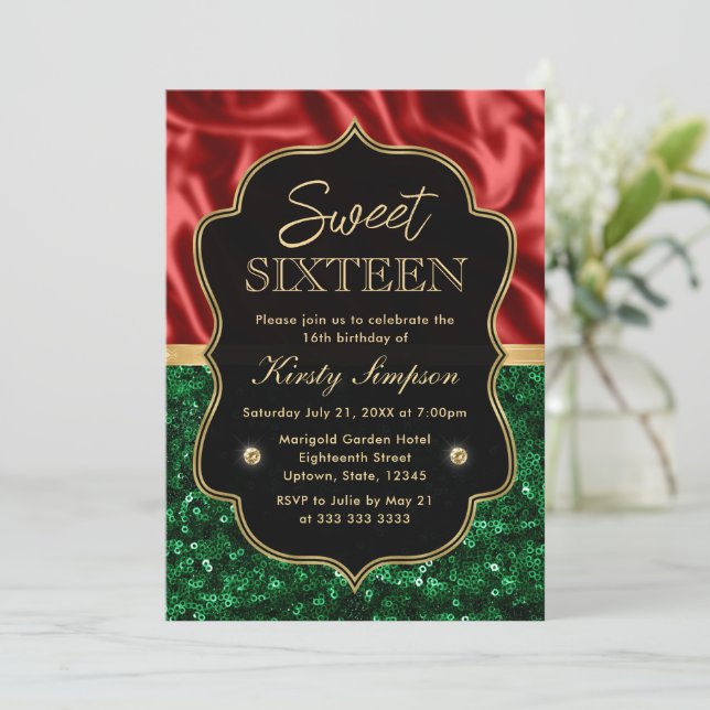 Red and Green Holiday Shimmer Sweet 16 Invitation (Standing Front)