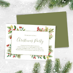 Red and Green Holly Berries Christmas Party Holiday Card