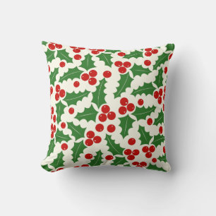 Red and green holly berry pattern Christmas Throw Pillow