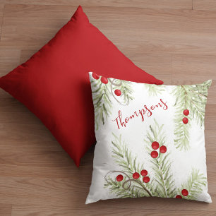 Red and Green Holly Custom Christmas Throw Pillow