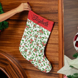 Red and green holly leaves and berries custom name large christmas stocking