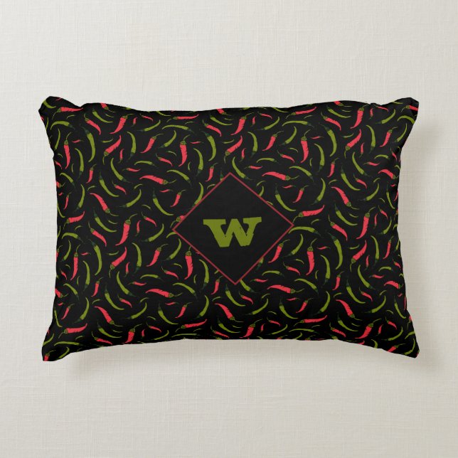 Red and Green Hot Chilli Pepper Design on Black Accent Pillow (Front)