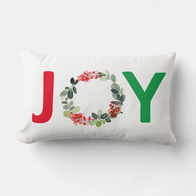 Red and Green Joy Holiday Wreath Pattern Lumbar Pillow (Front)
