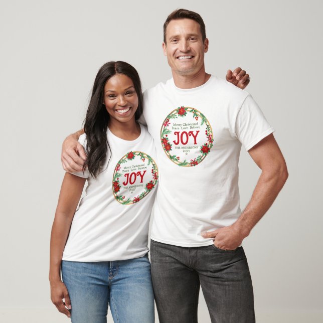 Red and Green Joy Wreath Merry  Christmas Matching T-Shirt (Unisex)