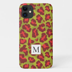 Red and green leopard animal print and monogram iPhone 11 case