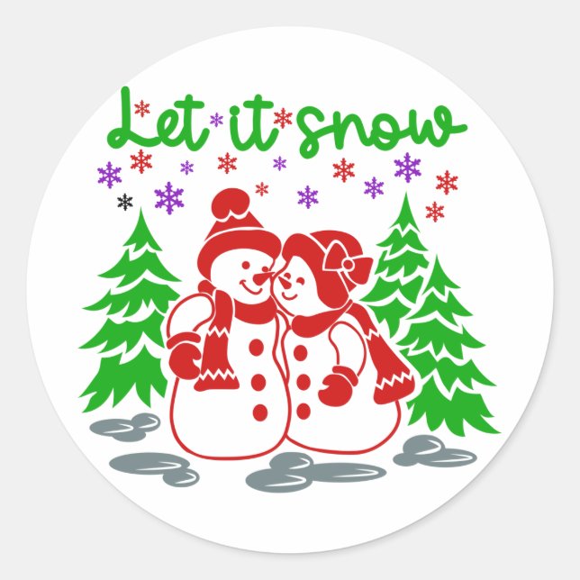 Red and Green Let It Snow Snowman Couple Christmas Classic Round Sticker (Front)