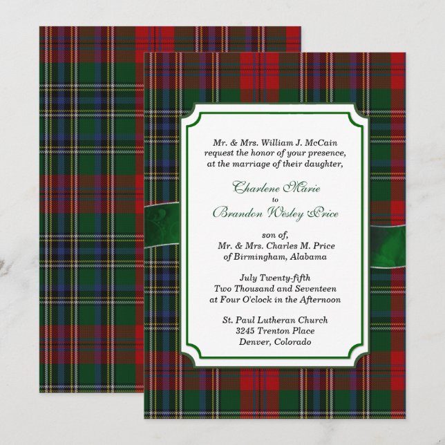 Red and Green MacClain Tartan Wedding Invitation (Front/Back)