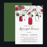 Red and Green Mason Jars Rehearsal Dinner Invitation<br><div class="desc">Invite guests to your event with this customizable rehearsal dinner invitation. It features green and red hanging mason jars with flowers and heartstrings. Personalize by adding your details. This mason jar invitation is perfect for any wedding theme or season. Matching items are available.</div>