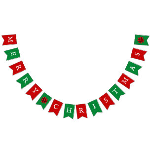 Red and Green Merry Christmas and Bows Bunting Flags
