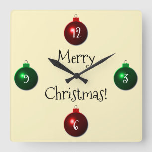 Red and Green Merry Christmas Balls Square Wall Clock