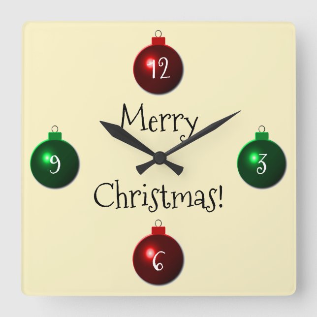 Red and Green Merry Christmas Balls Square Wall Clock (Front)