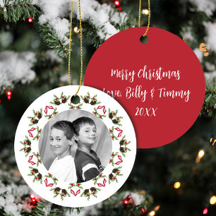 Red and Green Merry Christmas Photo Custom Ceramic Ornament