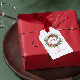 Red and Green Merry Christmas Watercolor Wreath Gift Tags