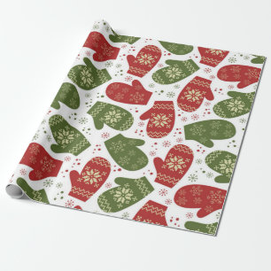 Red and Green Mittens with Snowflakes Christmas  Wrapping Paper