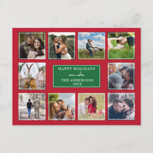 Red and Green Modern 10 Photo Collage Christmas Postcard