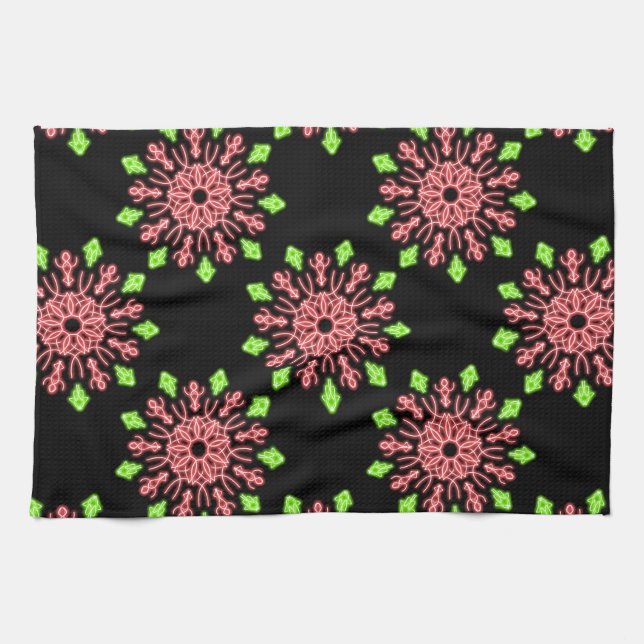 Red and green neon flower kitchen towel (Horizontal)
