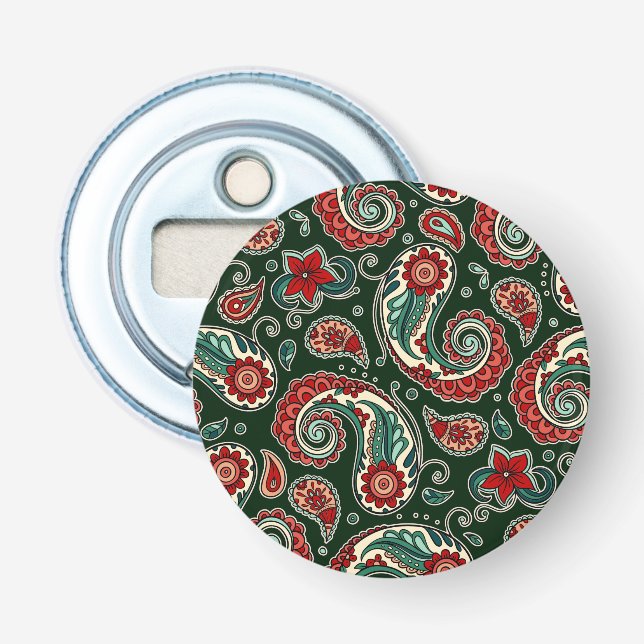 Red and Green Paisley Button Bottle Opener (Front)